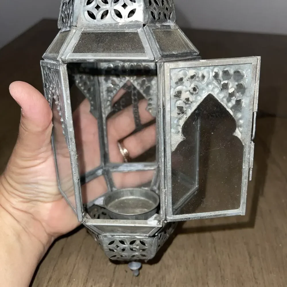 Vintage 2 Moroccan Style Hanging Metal Lantern Candle Holder Pierced Filigree